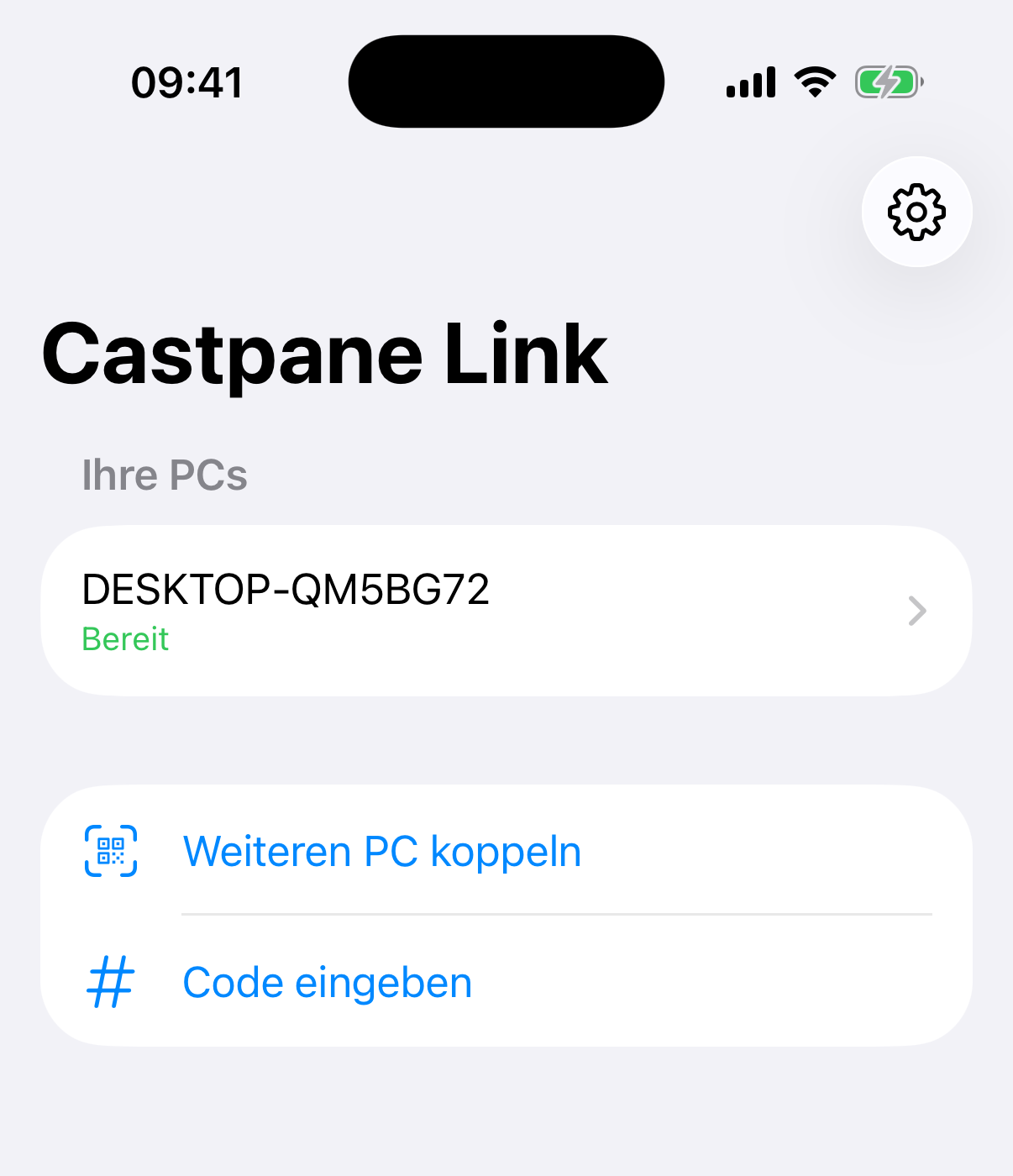 Screenshot von Castpane Link auf dem iPhone mit einem gekoppelten PC, der bereit ist
