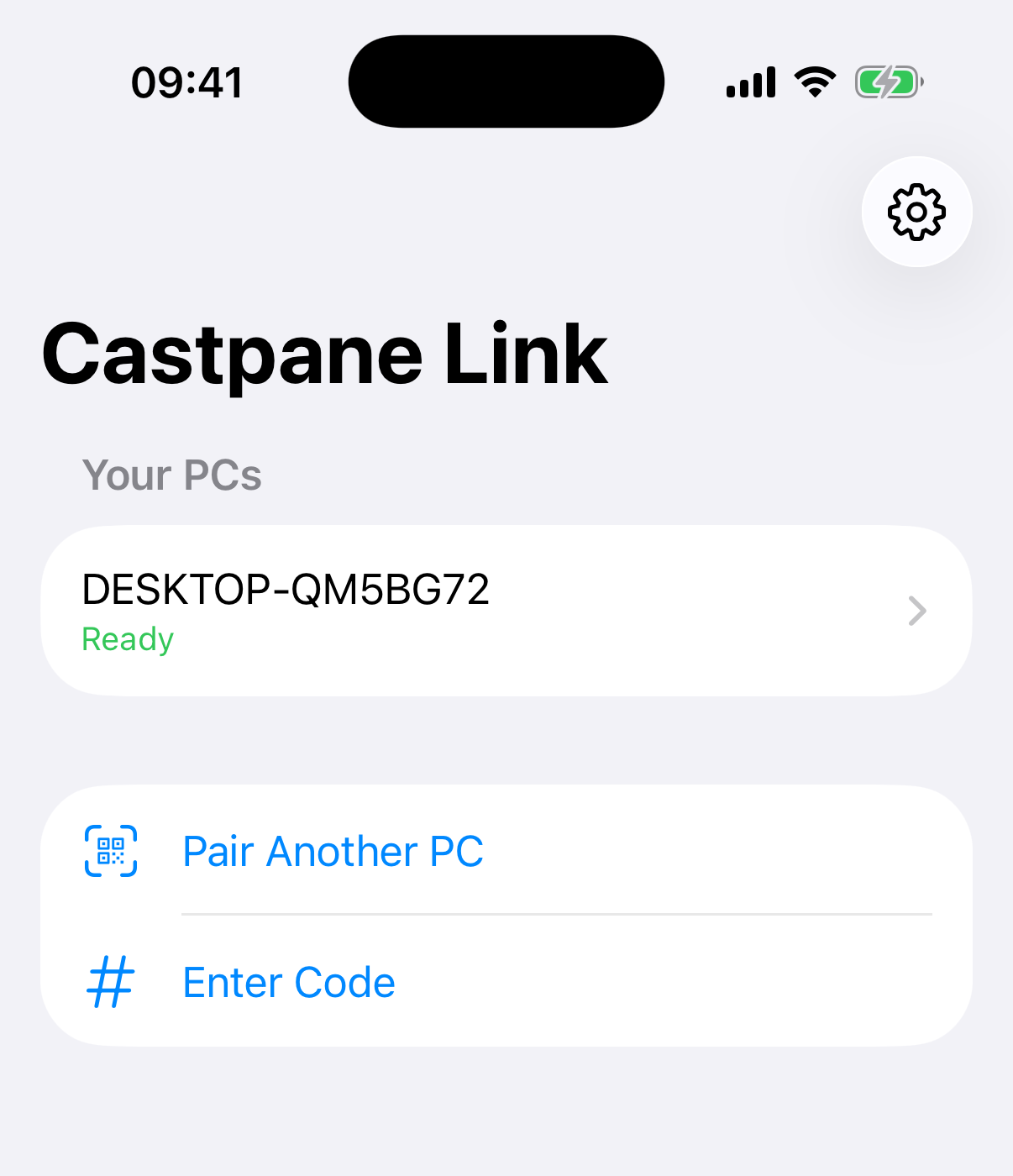 Screenshot of Castpane Link on iPhone with a paired PC that is ready
