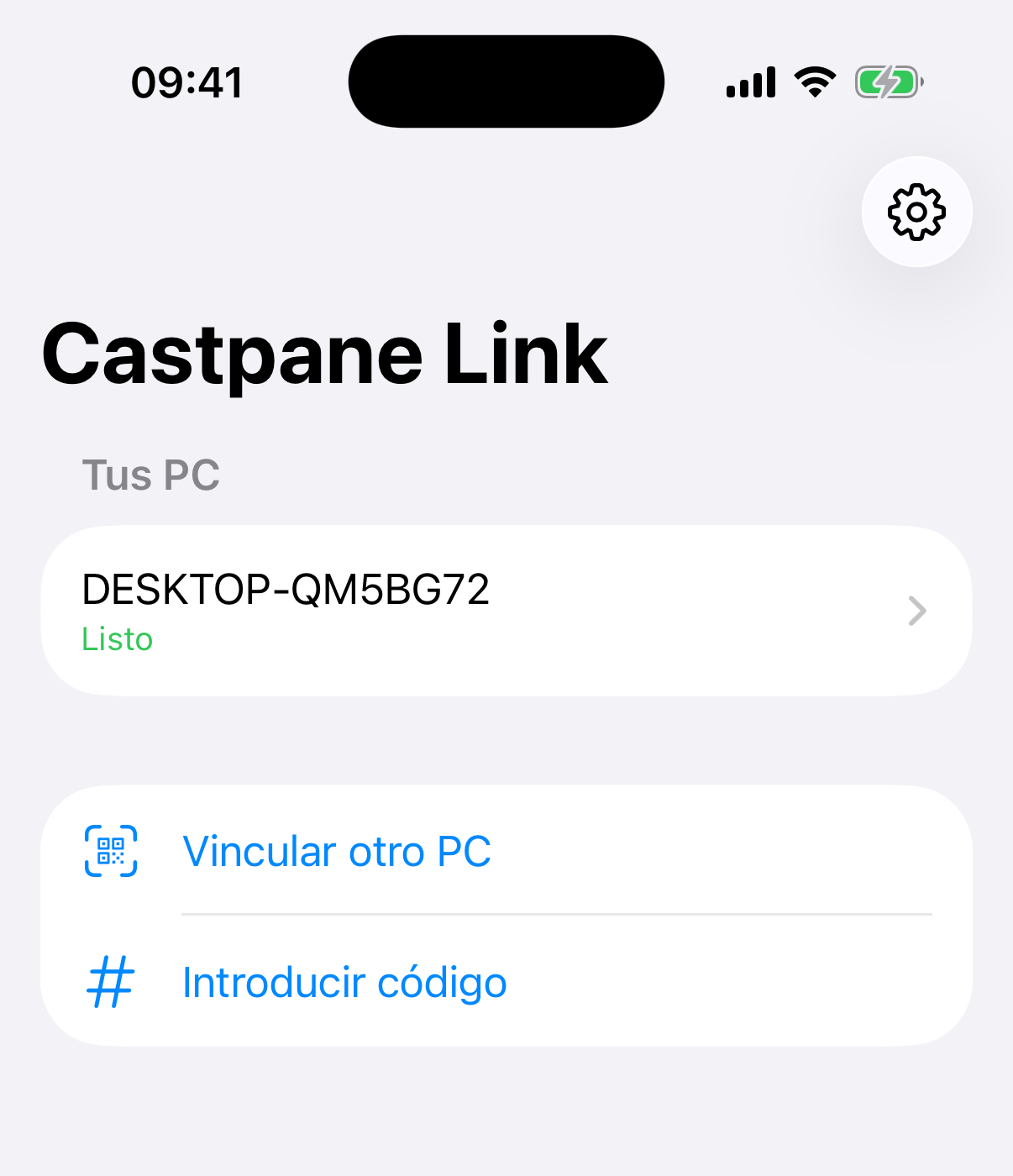 Captura de pantalla de Castpane Link en un iPhone con un PC vinculado y listo