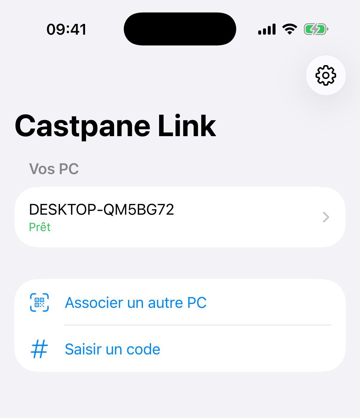 Capture d’écran de Castpane Link sur iPhone avec un PC associé prêt