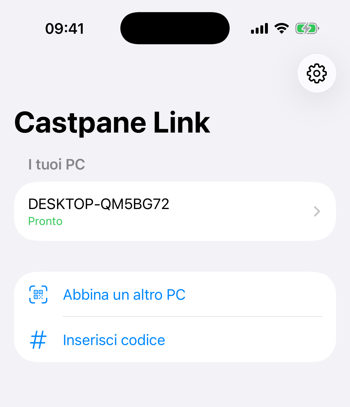 Screenshot di Castpane Link su iPhone con un PC abbinato e pronto