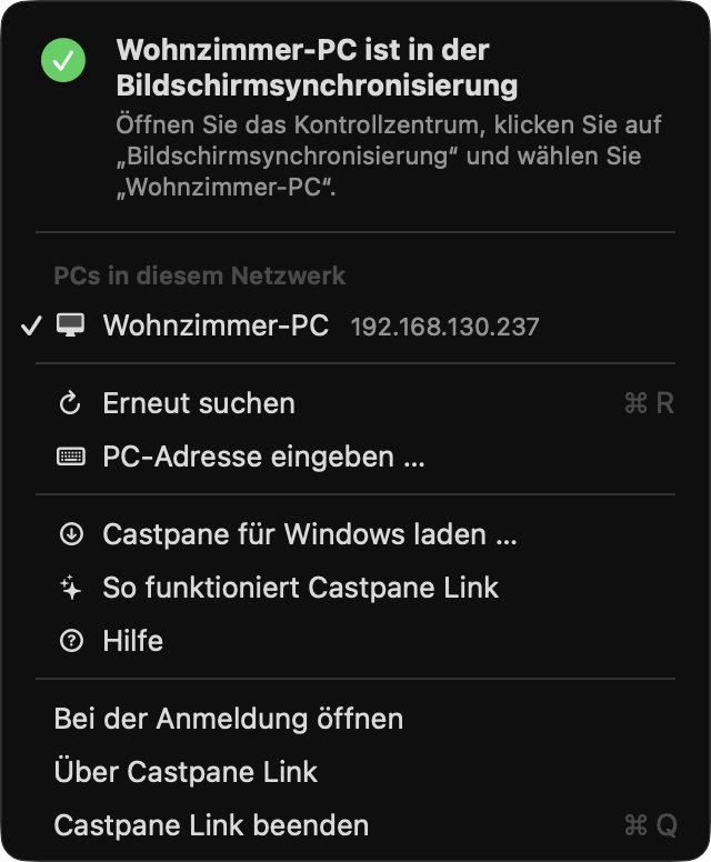 Bildschirmfoto des Castpane Link-Menüs in der Menüleiste des Mac