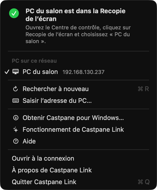 Capture d’écran du menu de Castpane Link dans la barre des menus du Mac